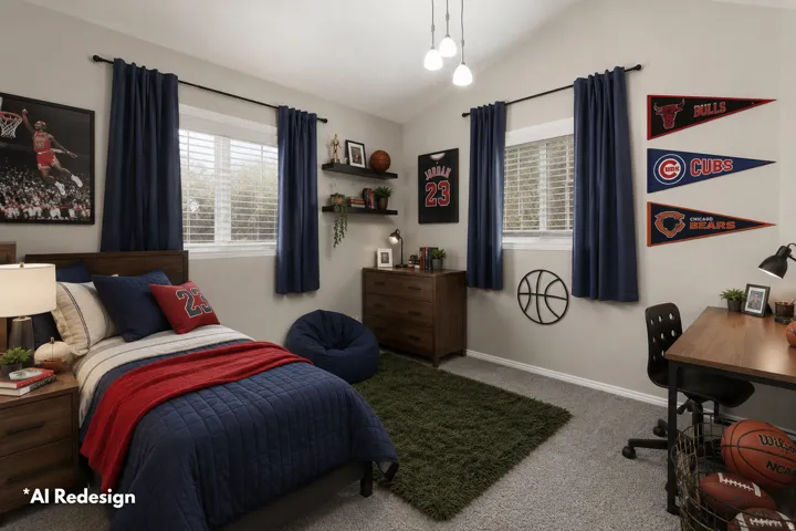 Bedroom featuring vaulted ceiling, soft gray carpeting, and two windows with white blinds