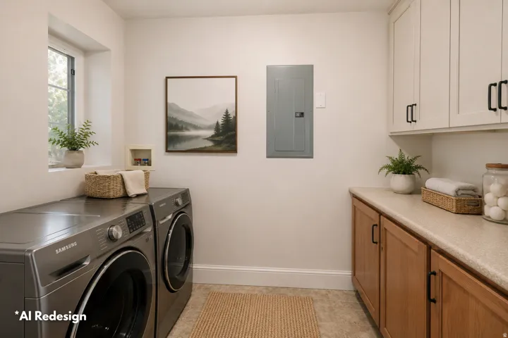 Dedicated laundry space featuring a window, built-in cabinetry, and countertop