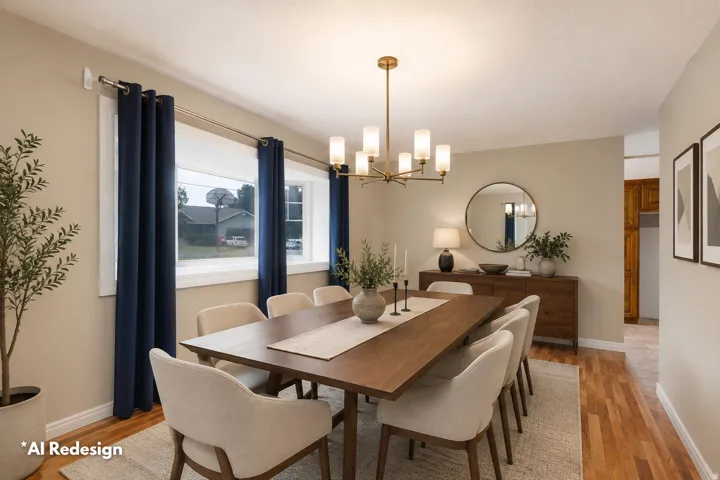 Dining area featuring warm-toned wood-finish flooring, a contemporary brass chandelier with multiple white glass shades, and neutral wall paint