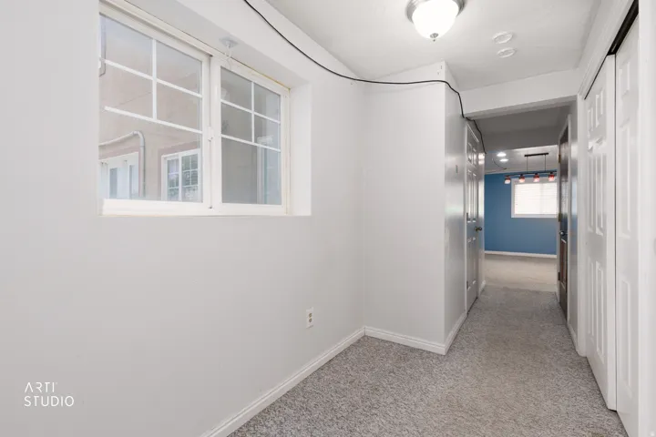 Light-filled hallway featuring a window with grid detailing, neutral carpeting, and white baseboards