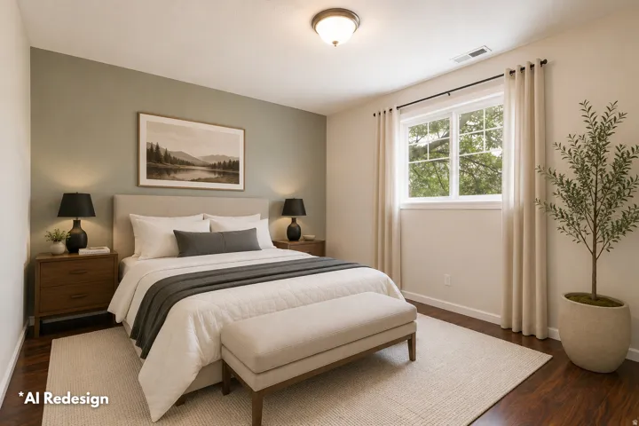 Bedroom featuring wood-finish flooring, a neutral color palette, and a large window with white muntins