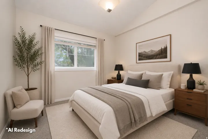 Spacious room featuring vaulted ceilings, a large window, neutral wall tones, and carpet flooring