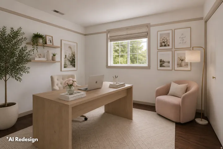 Bright room featuring wood-finish flooring, a large window with natural light, and built-in wall shelving