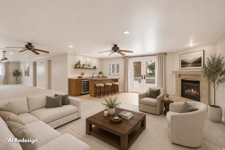 Spacious living area featuring a stone fireplace, wood-finish flooring, and French patio doors