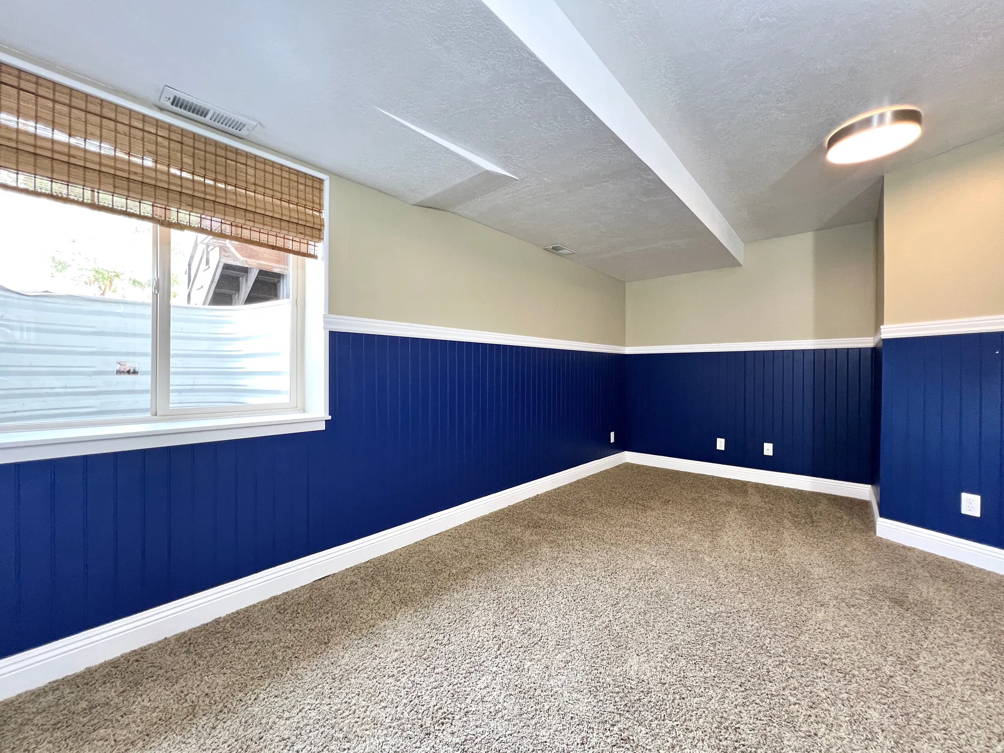 Room featuring blue wainscoting and light-colored walls