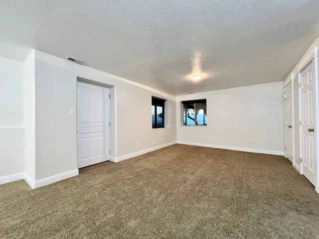 Spacious room featuring neutral carpet, white walls, two windows, two white paneled doors, and a ceiling light fixture