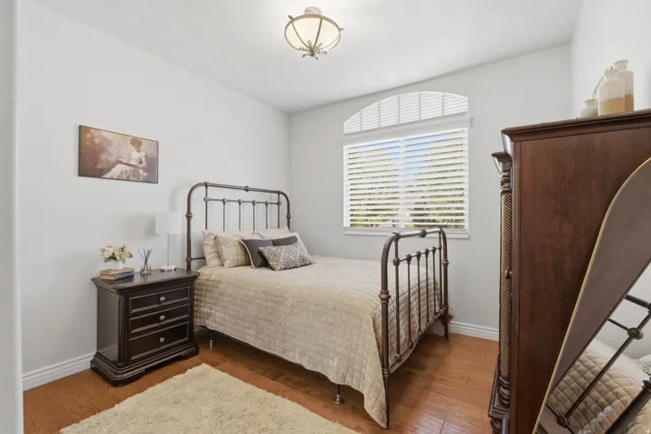 Arched window with blinds, wood-finish flooring, and a ceiling-mounted light fixture