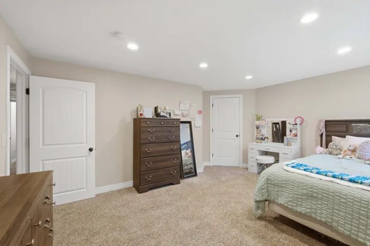 Recessed ceiling lighting, light-toned carpeting, neutral wall color, and two panel interior doors with dark hardware