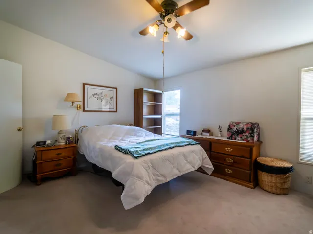 Carpeted room featuring a ceiling fan with integrated lighting, a built-in bookshelf, and a window with horizontal blinds
