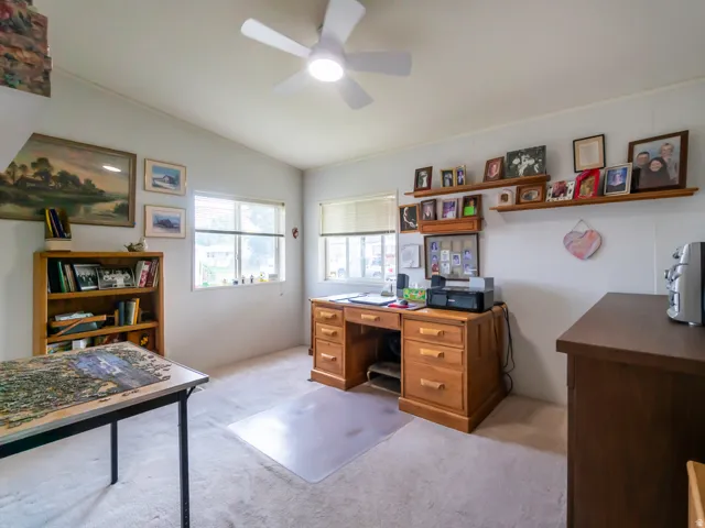 Carpeted room featuring a ceiling fan with integrated lighting, multiple windows, a built-in wooden bookshelf, and wall-mounted wooden shelving