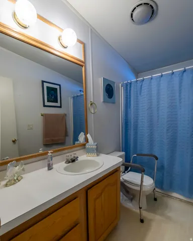 Bathroom featuring a light wood vanity, white countertop with an integrated sink, and an overhead vanity light fixture