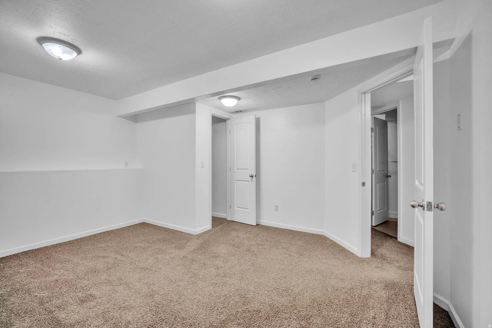 Carpeted room with white walls, white trim, and two flush mount ceiling lights