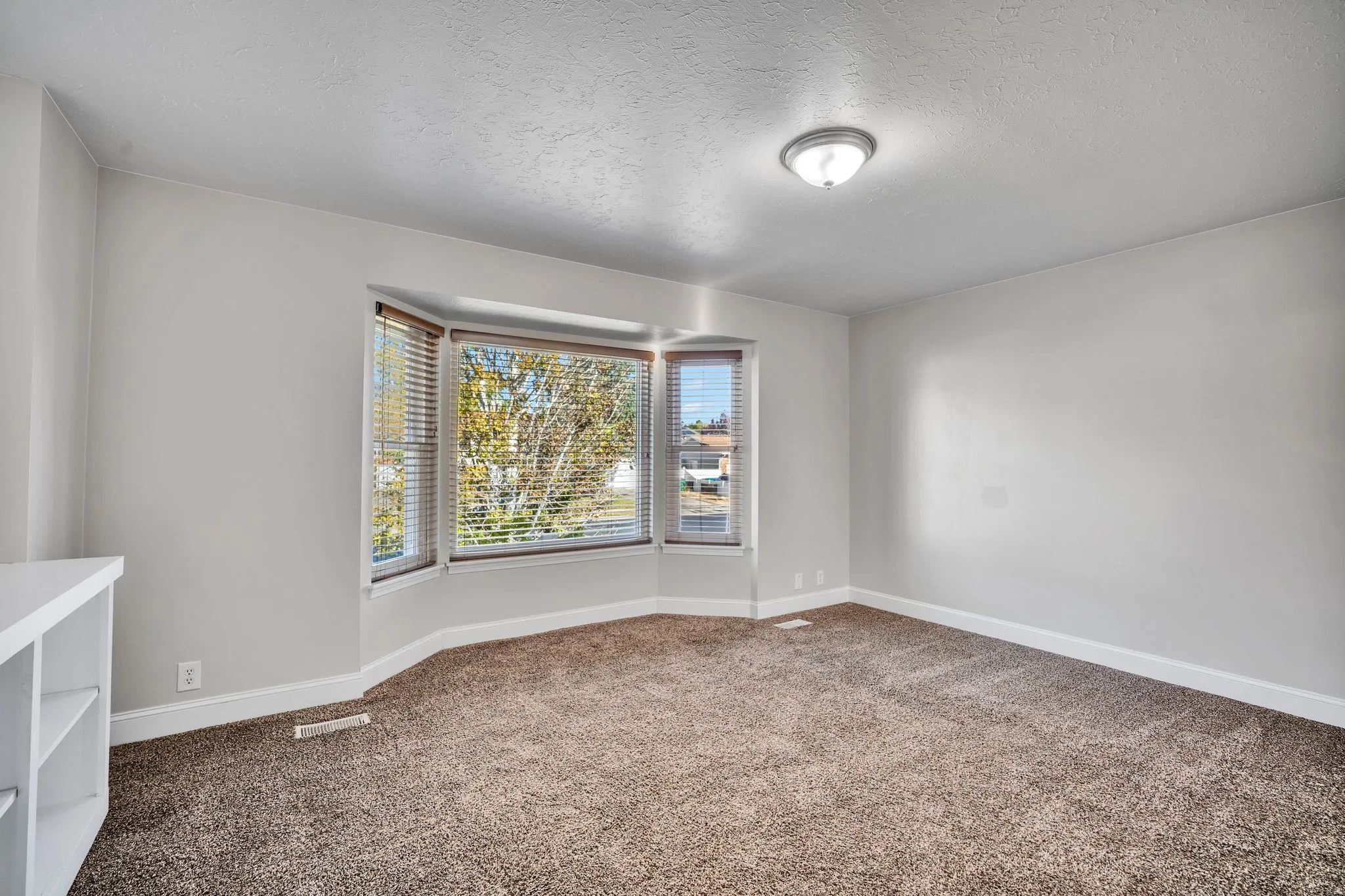 Spacious room featuring a bay window with blinds, light gray wall paint, textured ceiling, brown carpet, and white baseboards