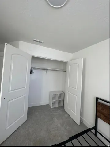 Spacious walk-in closet featuring double doors, overhead shelving, hanging rod, and carpeted flooring—ideal for ample storage and organization