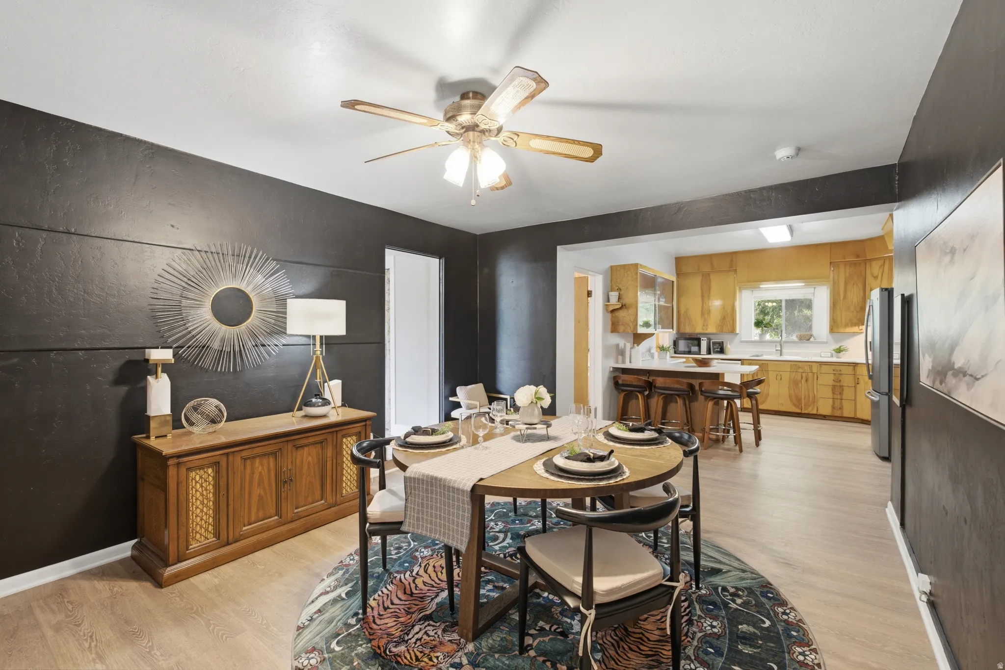 Dark, contrasting walls give this space an updated, contemporary feel.