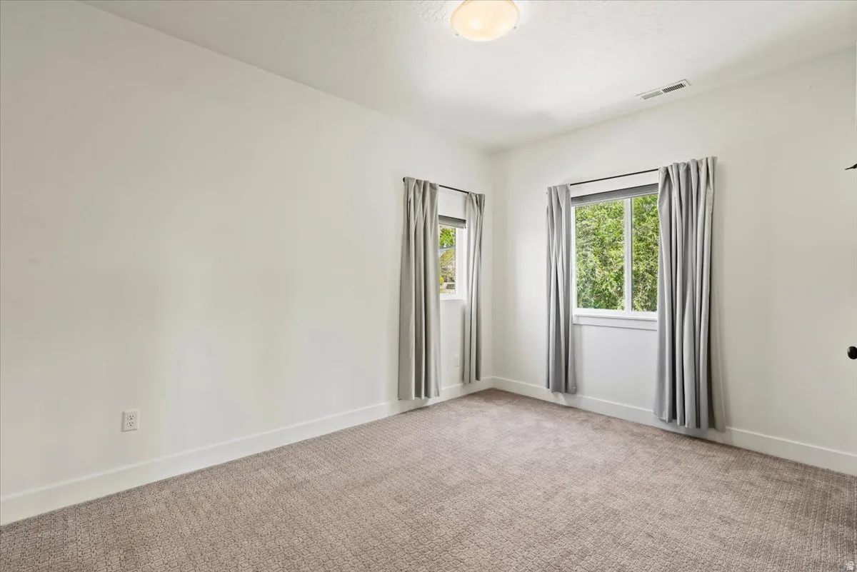 Carpeted room with white walls, two windows, and a flush-mount ceiling light