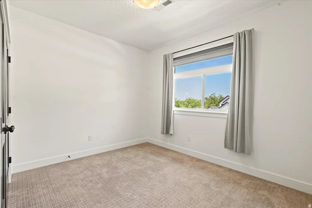 Bright room featuring a large window, plush carpet flooring, white walls, and a ceiling light fixture