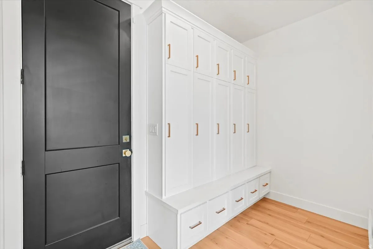 Entryway featuring a black panel door and light wood-finish flooring