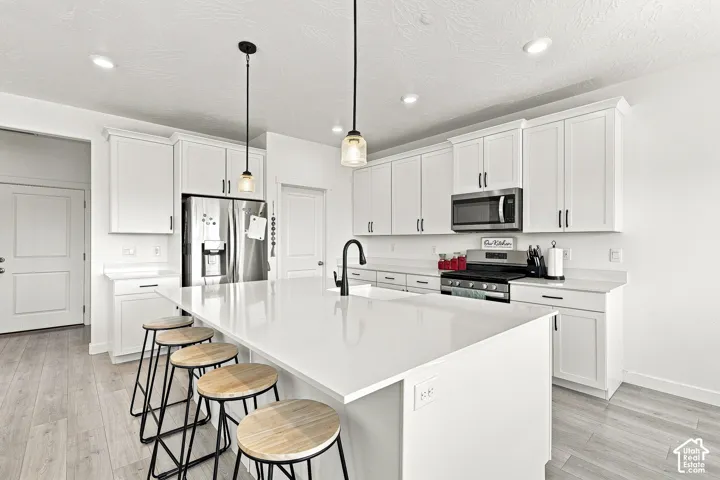 Bright kitchen featuring a large central island with seating, white shaker cabinetry, stainless steel appliances, and light wood-finish flooring
