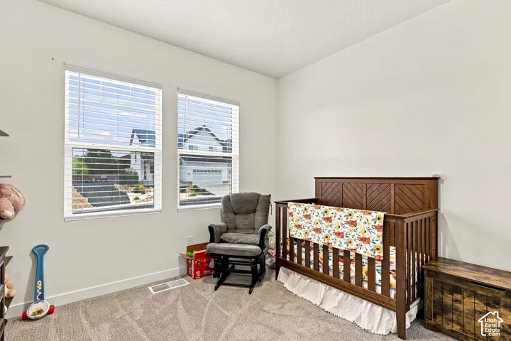 Bright room featuring two large windows with blinds, light-colored walls, and neutral carpet flooring