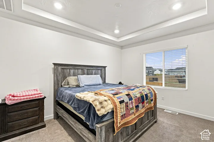 Carpeted room featuring a tray ceiling with recessed lighting, a window with blinds, and white baseboards