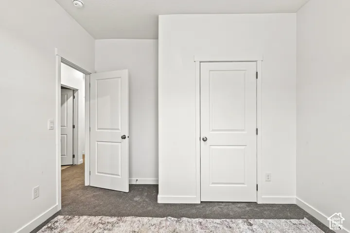 White paneled doors with contrasting dark hardware, neutral wall color, and plush gray carpeting