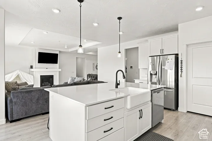 Open-concept living space featuring a white kitchen island with a farmhouse sink, stainless steel appliances, white cabinetry with matte black hardware, and wood-finish flooring