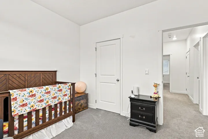 Plush carpet flooring, white painted walls, and a white interior door with a silver knob