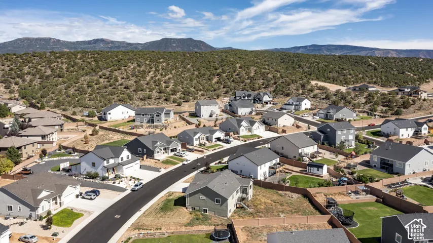 Residential community featuring varied architectural styles and mature landscaping against a mountainous backdrop