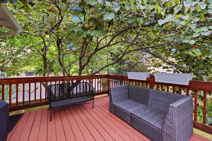 Spacious outdoor deck featuring red-toned wood-finish flooring and matching railings
