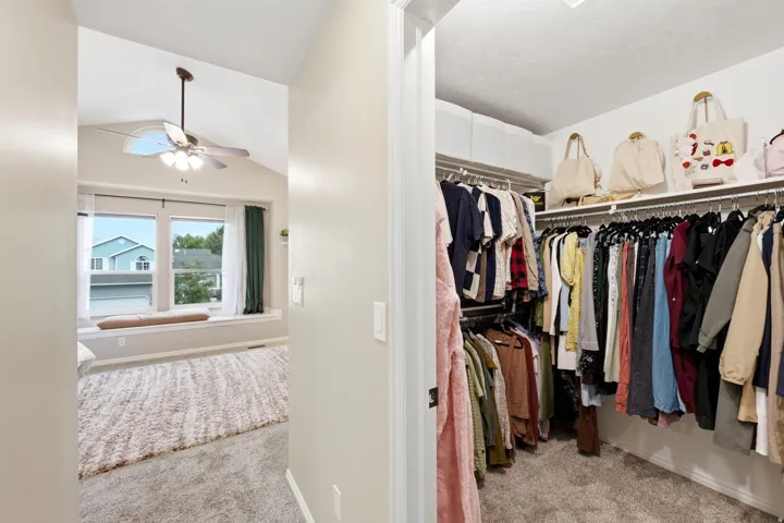 Walk-in closet with carpet flooring, built-in shelving, and hanging rods