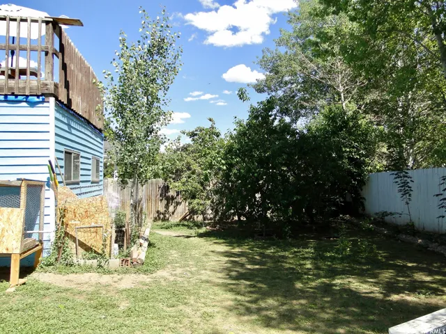 Expansive backyard featuring a wood privacy fence, mature trees, and a grassy lawn