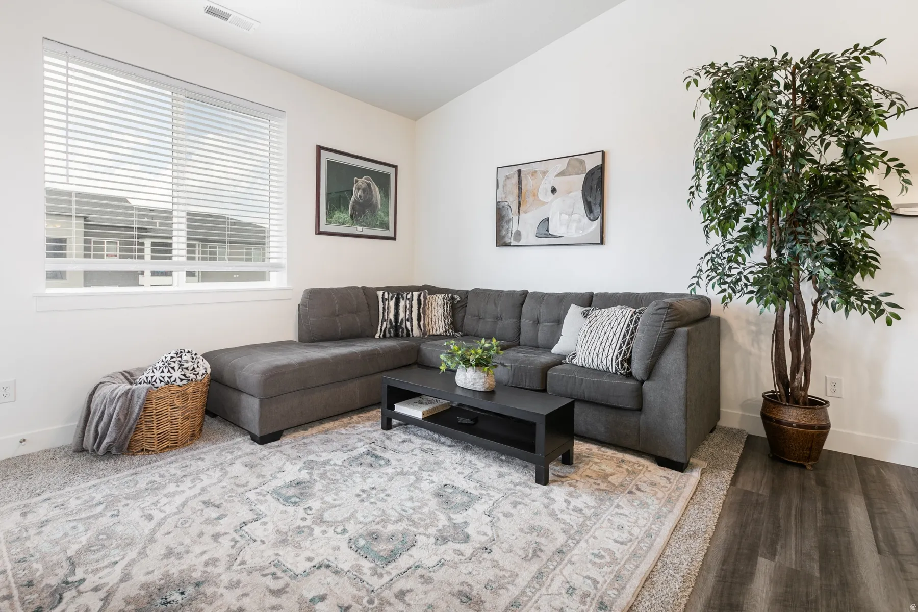 Living area featuring crisp white walls, a large window with horizontal blinds, and a combination of plush carpet and wood-finish flooring