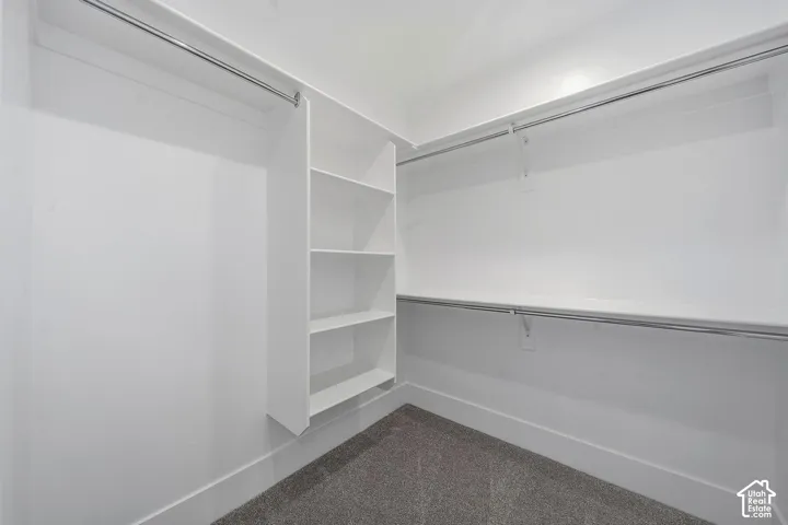 Custom closet system featuring built-in shelving, multiple hanging rods, white-painted walls, and carpet flooring