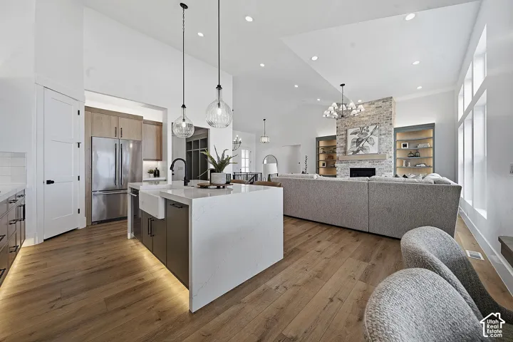 Open-concept living space with wood-finish flooring