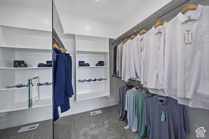 Customized closet system featuring a full-length mirrored door, integrated shelving, and multiple clothing rods