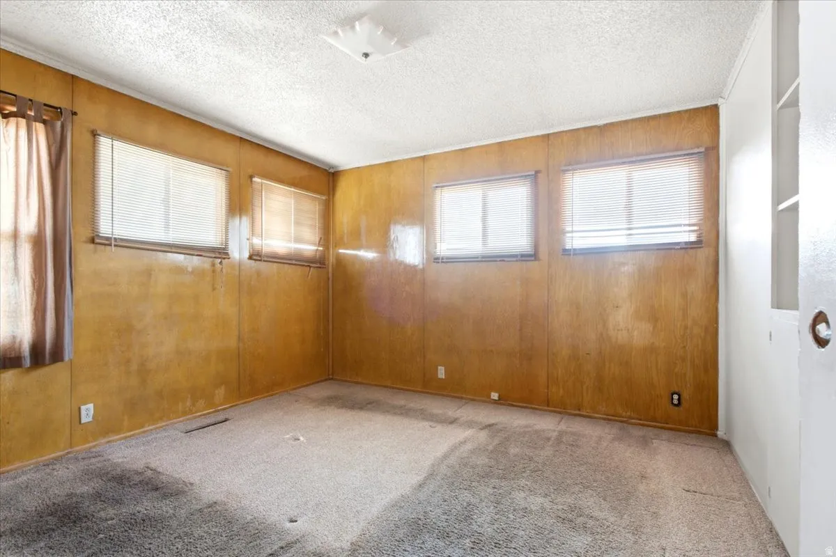 Room featuring wood-paneled walls, multiple windows, a ceiling light fixture, and built-in shelving