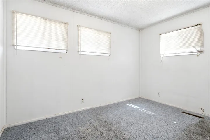 Room featuring light gray carpet, white walls, and three windows with horizontal blinds