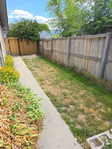 Fenced side yard featuring a concrete pathway, a newly installed wood fence section, and mature perimeter trees