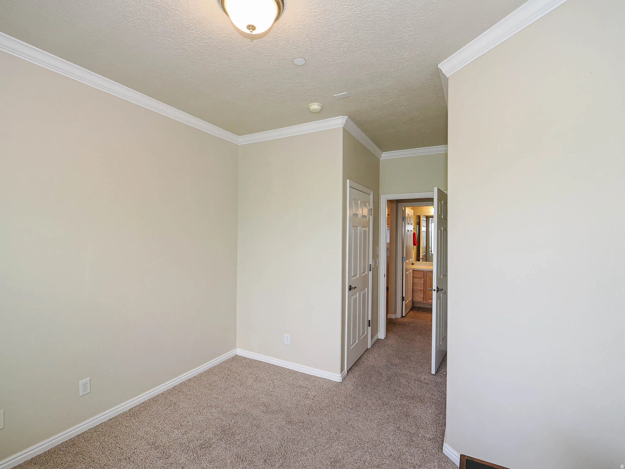 Neutral wall tones complement plush carpeting