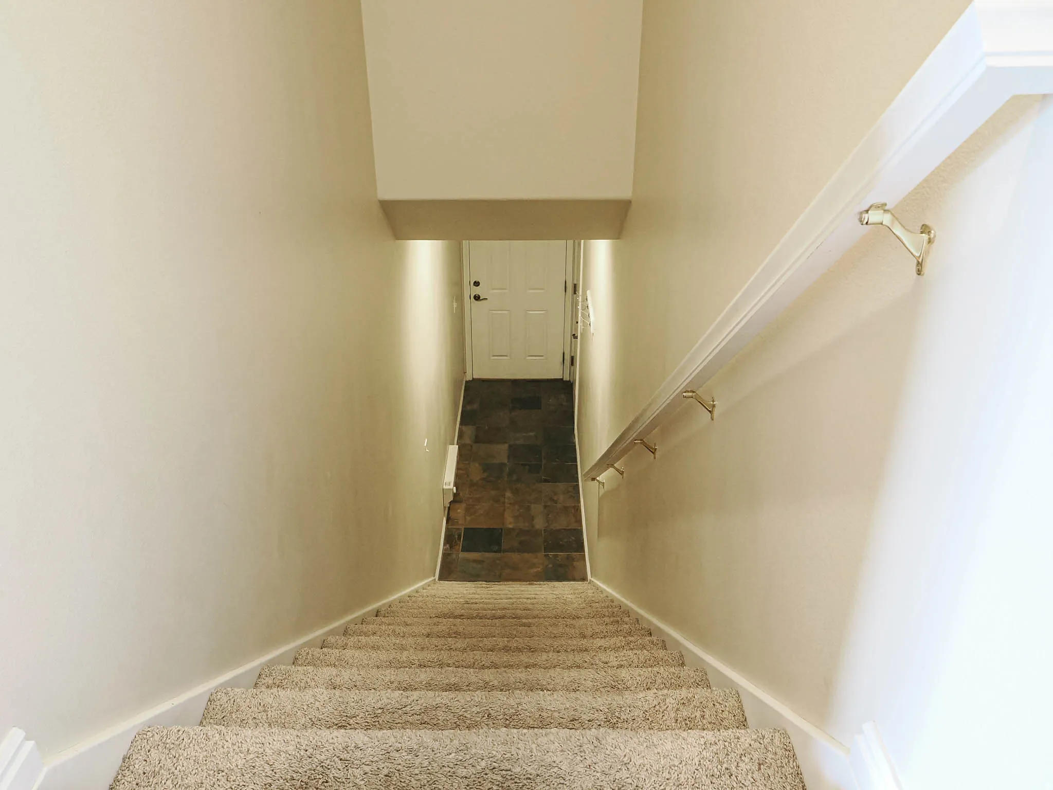 Carpeted staircase with white trim, featuring a white handrail with brass supports