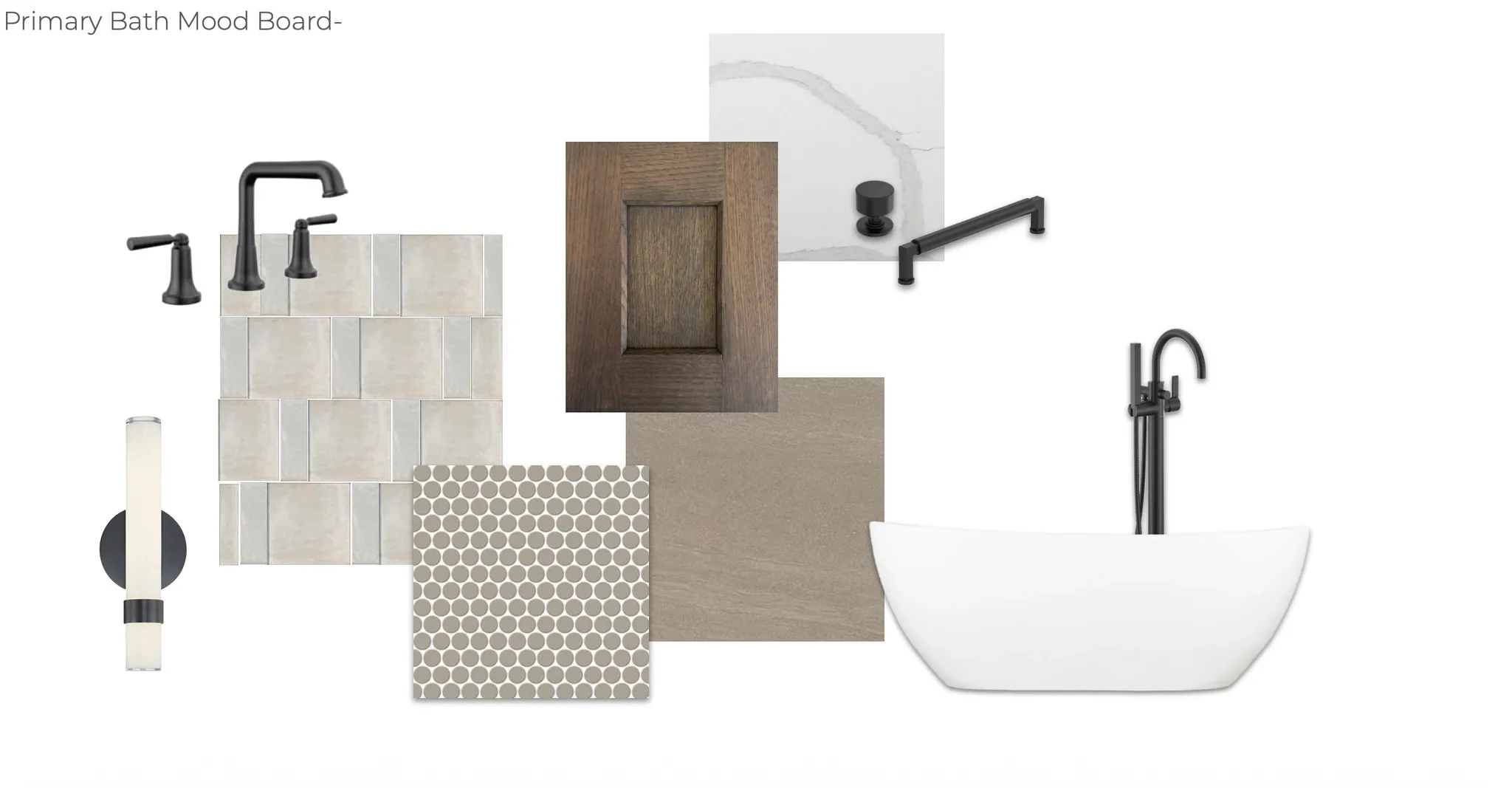 Primary Bath Mood Board. Presenting a collection of material and fixture selections for the property's primary bathroom