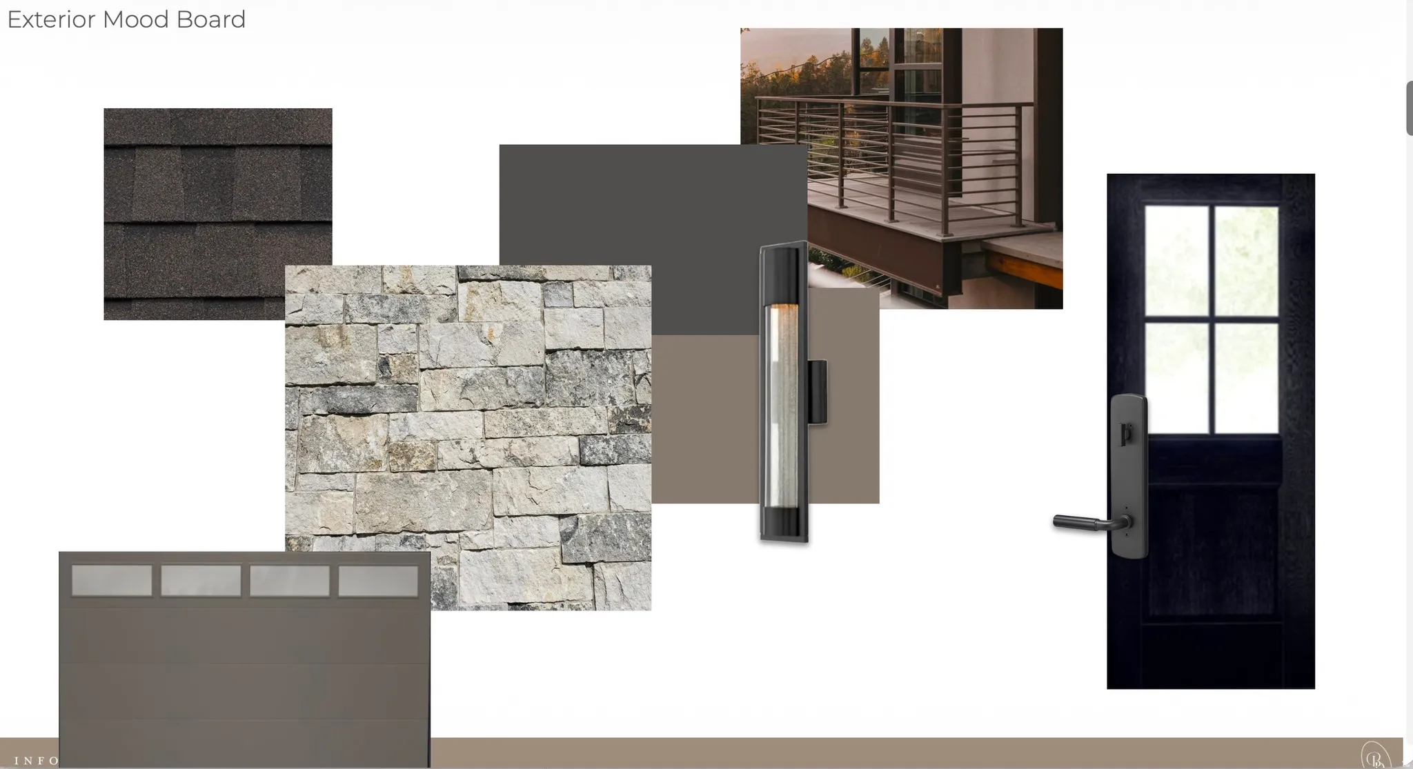 Exterior Mood Board. Presenting material and finish selections for the property's exterior elements