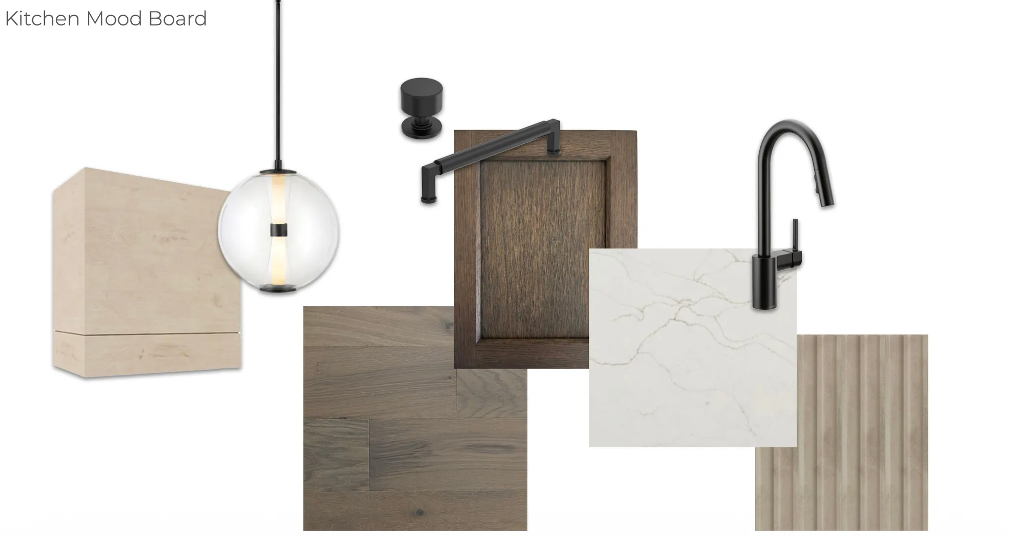 Kitchen Mood Board. Displaying a collection of material and fixture samples for kitchen design
