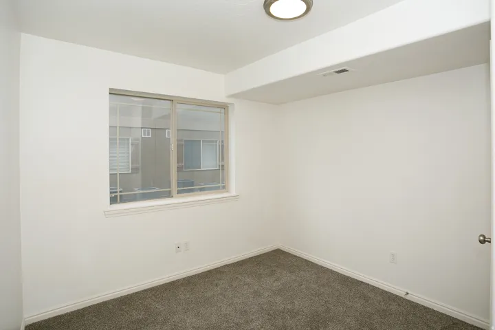 Room featuring a sliding window, white trim, light gray carpeting, and a flush-mount ceiling light