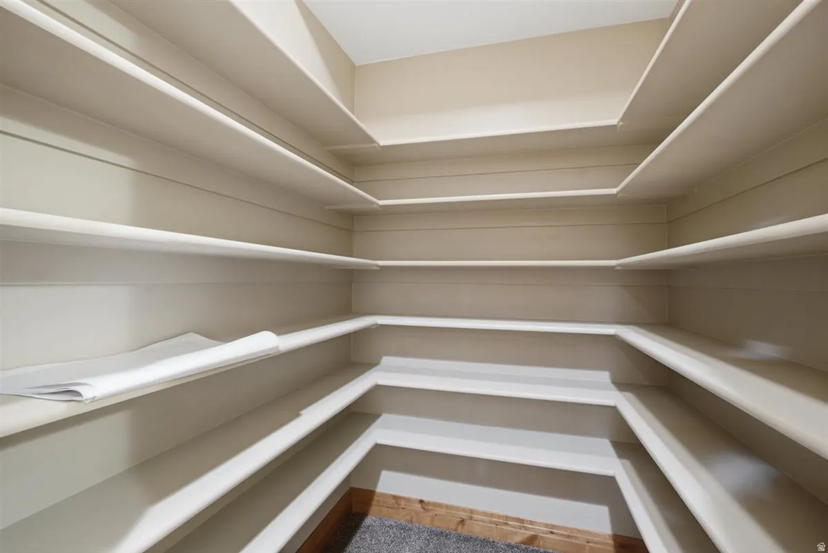 Walk-in pantry featuring extensive built-in shelving, light-toned wall paint, and a carpeted floor with a wood baseboard