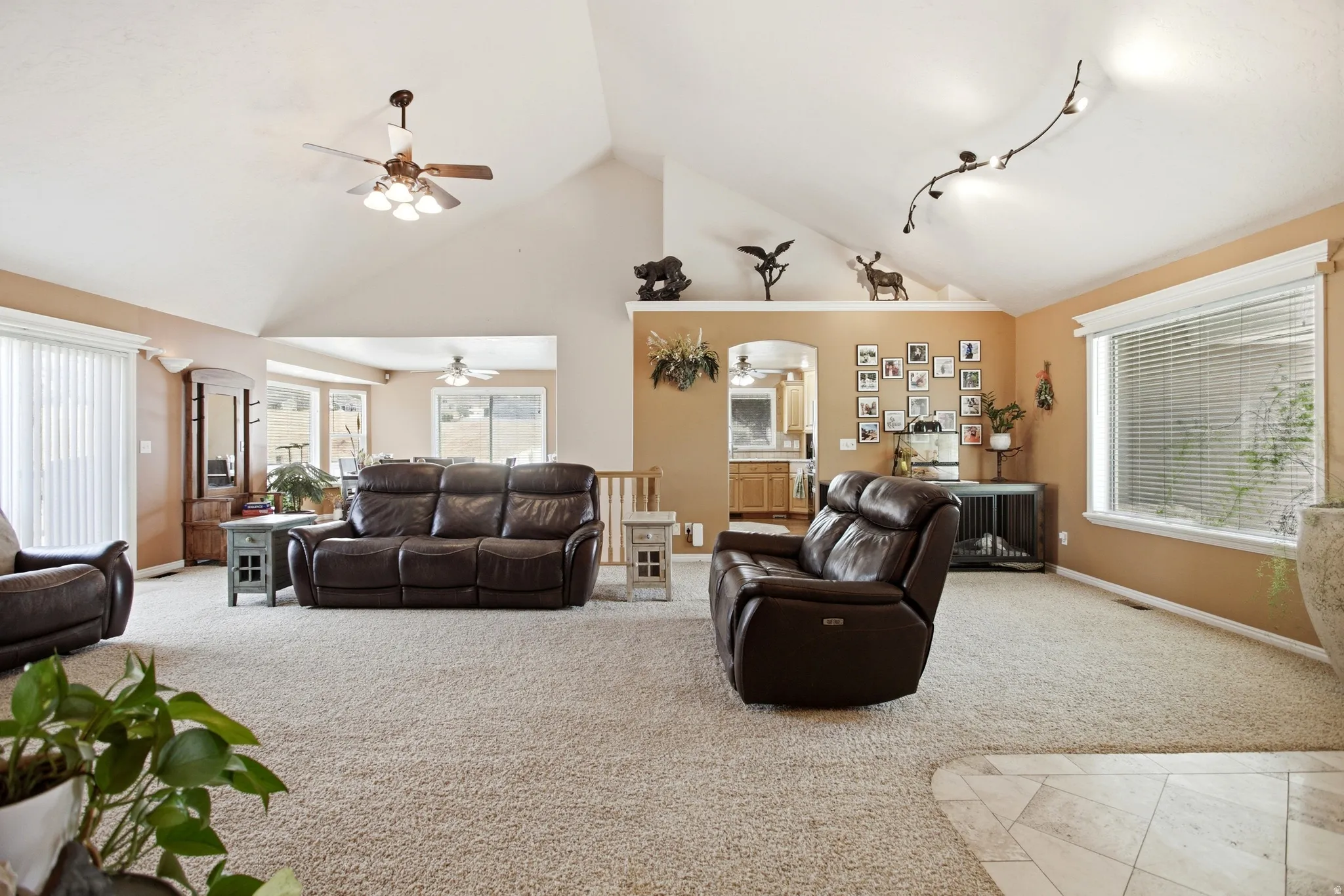 Spacious living area featuring vaulted ceilings, light-toned carpeting, a large window with blinds, and an arched doorway leading to a further area