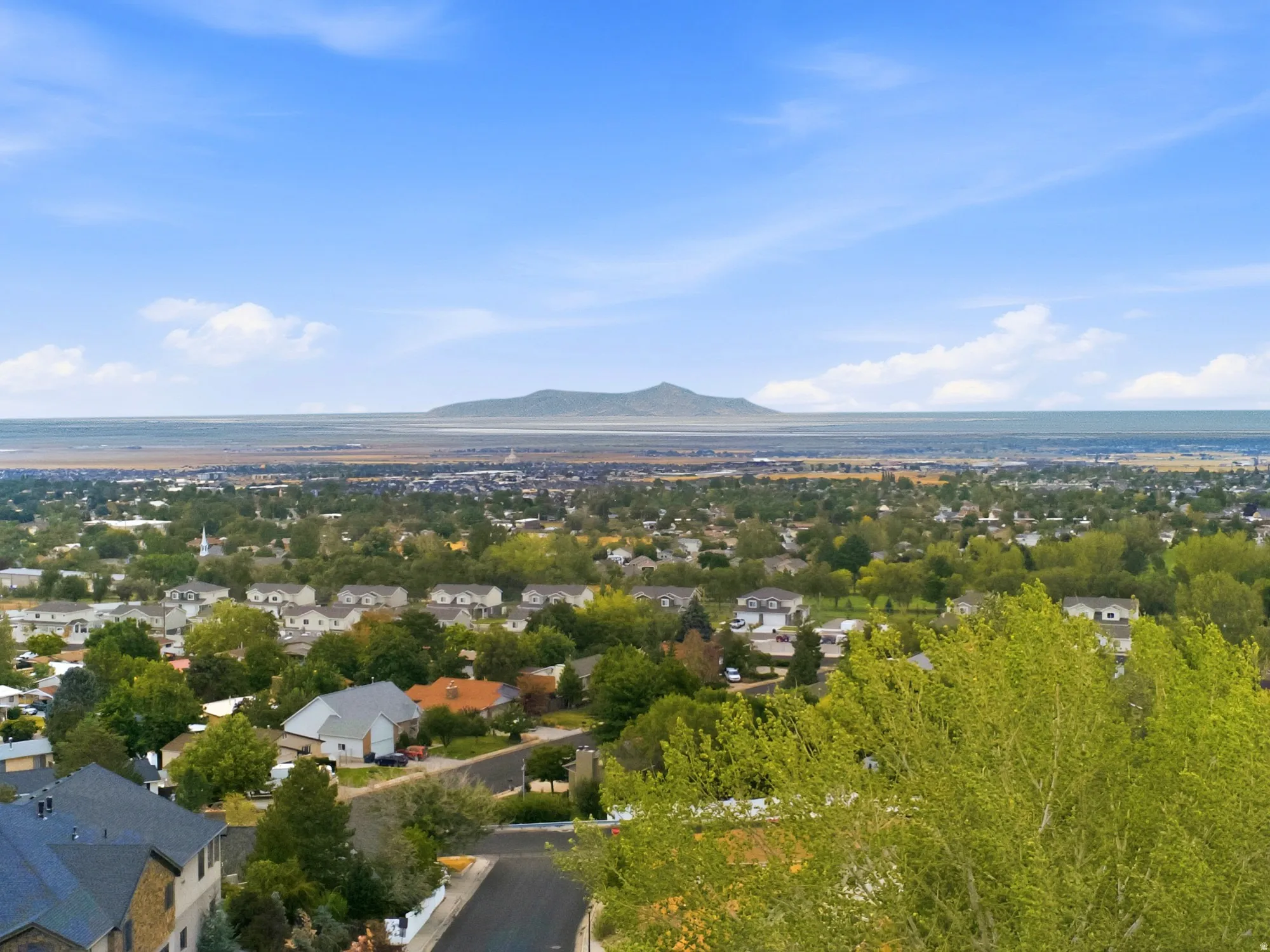 Expansive aerial perspective capturing a residential neighborhood with a distant mountain range and large body of water under a clear sky
