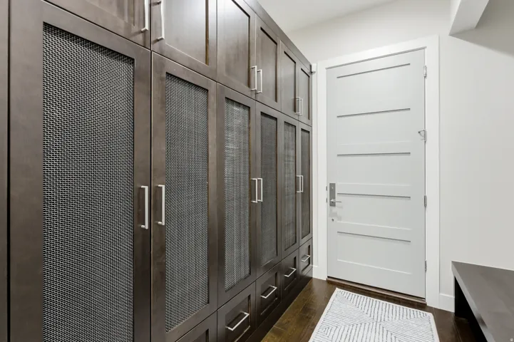Custom cabinetry featuring dark wood-finish panels and metal mesh inserts