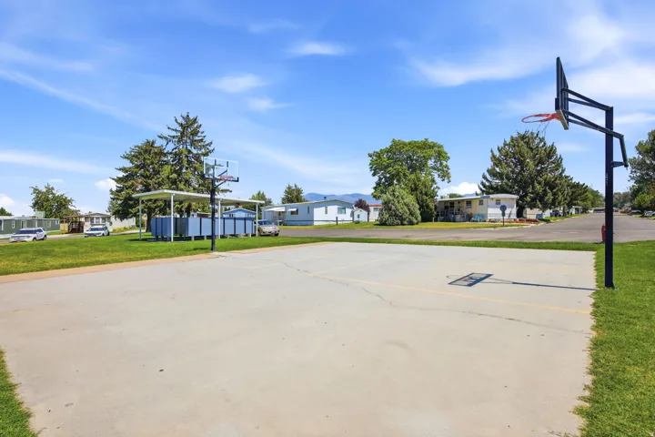 Paved outdoor court featuring two basketball hoops, surrounded by green grass and mature trees